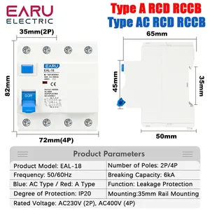 Interruptor Diferencial de Corriente Residual (RCCB/RCD/ELCB) Tipo A/AC de 2/4 Polos, <span class=keywords><strong>10</strong></span>/30/100/300mA, Interruptor de Seguridad EAL-18 A/AC - Product Image 3