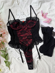 Ensemble de lingerie féminine rétro Halloween style Reine Française, corset color block, lingerie sexy en dentelle, <span class=keywords><strong>porte</strong></span>-jarretelles et bas - Product Image 4