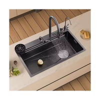 Évier de cuisine à cascade numérique intelligent à LED fait à la main avec robinet en acier inoxydable multifonction grand lavabo à un seul bol moderne
