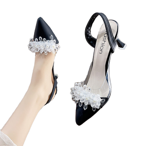 Sandales d'été de luxe sexy pour femmes, bout pointu transparent à la française, talon fin de 7 cm, bride arrière, design en strass - Product Image 1