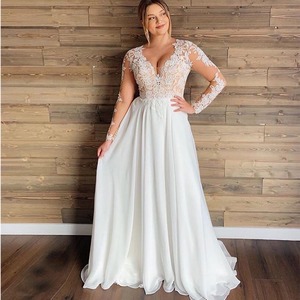 long dresses for beach wedding V-neck Chiffon Long Sleeves A-line With High Slit Beach Wedding Dresse –  clover sew main image 0