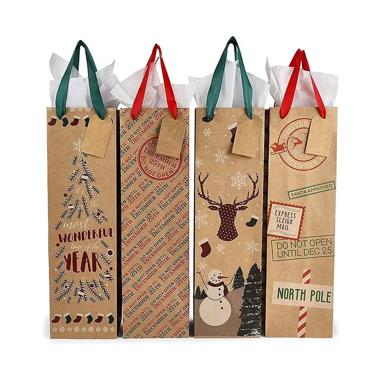 Bolsa de papel de vino personalizada, embalaje de regalo, bolsa de una sola botella, porta botellas de aceite de vino portátil, paquete de regalo de Navidad