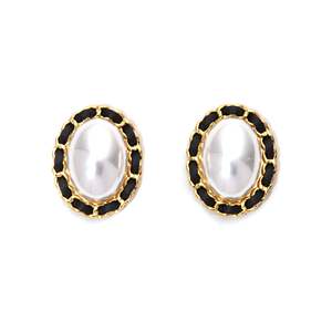 Fashion <b>Stud</b> <b>Earrings</b> 316L Stainless Steel PVD Gold Plating Oval Pearl Design <b>Black</b> Chain Frame - Product Image 1