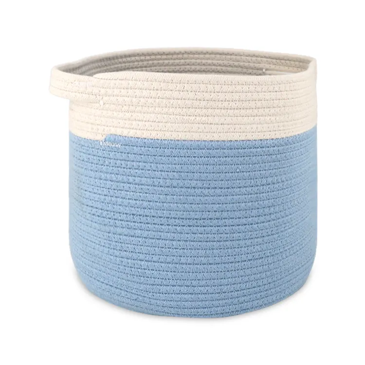 White and Sky Blue Cotton Rope Woven Storage Basket Organizing for Shelves, Toys, Book, Cube Storage Bins with Handles