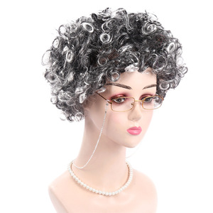 Halloween <span class=keywords><strong>abuela</strong></span> <span class=keywords><strong>peluca</strong></span> cubierta de mediana edad y ancianos Pelo Corto rizado gris abuelo y <span class=keywords><strong>abuela</strong></span> rendimiento tocado - Product Image 2
