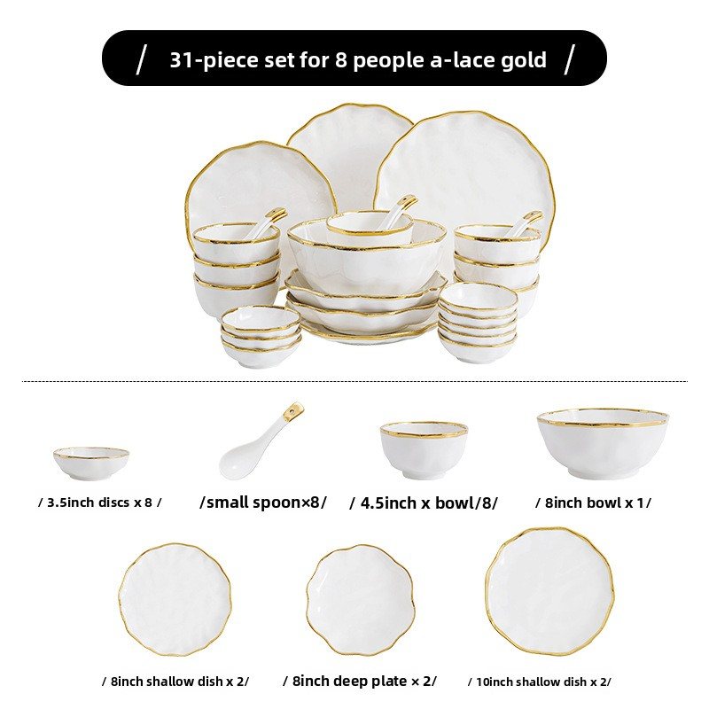 8 personnes mangent 31 pièces avec plateau à disques (bordure dorée).