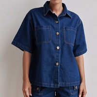 Ensemble deux pièces en denim délavé vintage pour femmes de haute qualité, chemisier élégant à boutons, short en jean décontracté, col rabattu, manches courtes