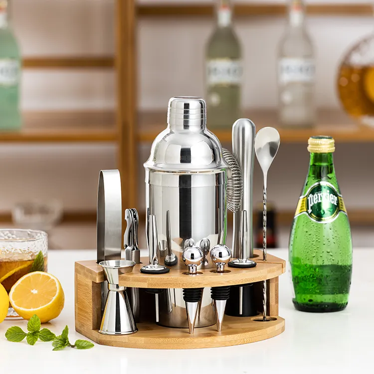 2024 350/550/700/750ML cocktail shaker set stainless steel kit with cocktail shaker stylish wooden stand