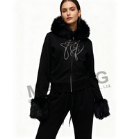 Ensemble 2 pièces personnalisé pour femme, motif vintage automne 2025, avec sweat à capuche et pantalon de survêtement évasé, en fausse fourrure et strass, fermeture éclair