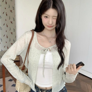 Cardigan fin à col en V et lacets, protection solaire, pour femme, nouvelle collection printemps, style délicat, design polyvalent, pull court - Product Image 1