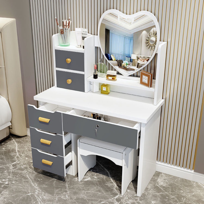 Nouveau meuble de rangement gauche gris B80 avec miroir "Love" - Tabouret inclus.