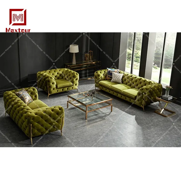 إطار من الاستانلس ستيل الحديثة الأخضر طقم أريكة أثاث غرفة المعيشة زر تصميم الأريكة