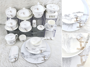 Embossed Ink Landscape High <b>Bone</b> <b>China</b> <b>Dinner</b> <b>Set</b> Silver Rim Luxury Hotel Banquet Tableware Custom Logo Chinese Ceramic - Product Image 2