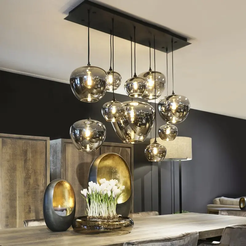 Lámpara colgante de cristal para decoración de comedor, candelabro moderno de lujo, color gris ahumado, E27, 8 cabezales, 10 cabezales