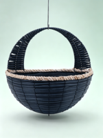 Pot suspendu bleu marine en ciment avec grande poignée incurvée, bord en corde beige, style américain, sculpté à la main, pour intérieur/extérieur