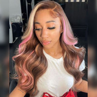 Peluca de Cabello Humano con Encaje HD 5*5/13*4, Color Rosa Balayage, Sin Pegamento, Ondulada, con Reflejos Marrones y Rubios para un Look Hermoso
