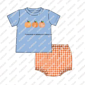 2024 personnalisé automne enfants vêtements nouveau-né bébé garçons citrouille bloomer ensemble Halloween garçons orange vichy deux pièces ensembles