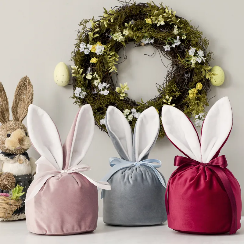 Plush Sublimation Easter Basket Rabbit Ears Gift Bag Drawstring Velvet Easter Bunny Bag