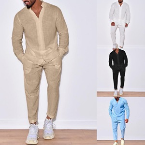 Plus Size Custom Logo <span class=keywords><strong>2</strong></span> Delige Set Blanco Effen Kleur Lange Mouw Casual Shirts Mannen Cargo Broek Katoenen Linnen Ademend Pak - Product Image 3