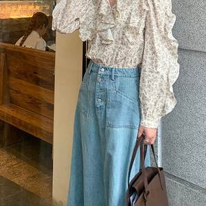 Jupe en jean A-line taille haute personnalisée pour femmes Robe en jean délavé bleu Jupe décontractée taille plus personnalisable - Product Image 2