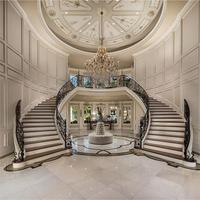 Hochwertige Doppelseitige Gebogene Treppe mit Designer-Eisenbalustrade, Hartholzstufen und Robuster Konstruktion für Villen