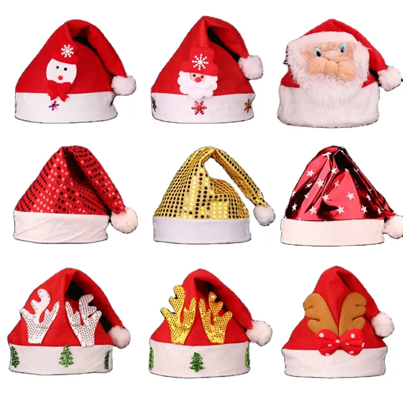 Wholesale Plush Red Velvet Plush Trim Christmas Santa For Kids And Adults Cartoon Christmas Hat
