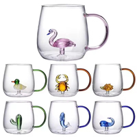 Taza de Vidrio Creativa con Figura de Animal 3D, Taza de Café Transparente de Borosilicato con Asa de Color, Linda Taza de Vidrio con Animal en el Interior