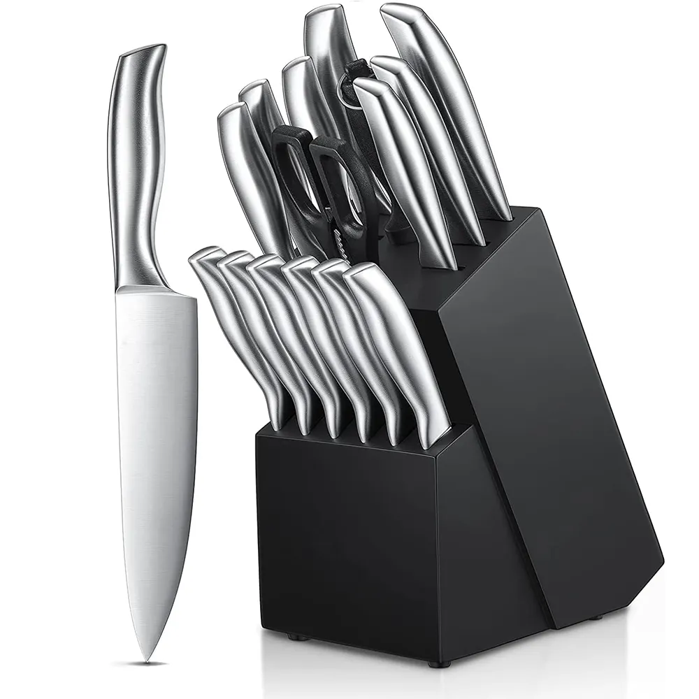 K0513 Confortável Hollow Handle Black Wood Knife Stand 16 peça de aço inoxidável Kitchen Knife Block Set