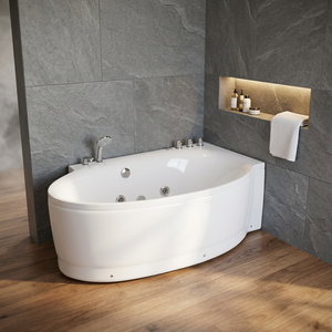 Bañera de Hidromasaje Moderna Blanca Ovalada con Esquinas Curvas, 16 Jets de Masaje, Acrílica, con Grifo y Ducha Manual - Product Image 1