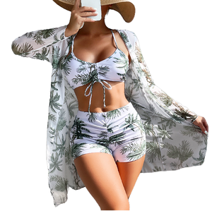 Conjunto de Bikini de 3 Piezas para Niñas con Estampado de Plantas, Top Halter con Cordones, Falda Tejida y Cubrebañador, Spandex/Nylon Transpirable, Tallas 7-12 - Product Image 1