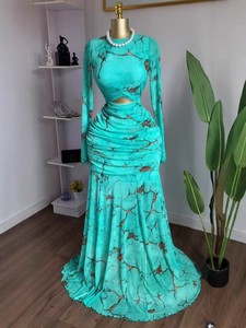 เดรสยาวผ้าตาข่ายพิมพ์ลายหินอ่อนสีเทอร์ควอยซ์สำหรับผู้หญิง - เดรสแฟชั่นแบบรัดรูปเว้าไหล่ - Product Image 3