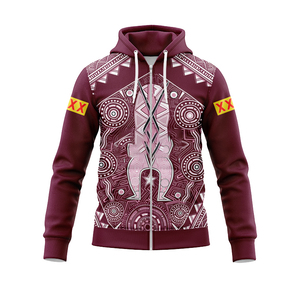 Queensland Inspired Aboriginal Print Rugby Sportswear, Quick Dry Sublimation <b>Maroon</b> Jersey Hoodie Polo Singlet Set - Product Image 2