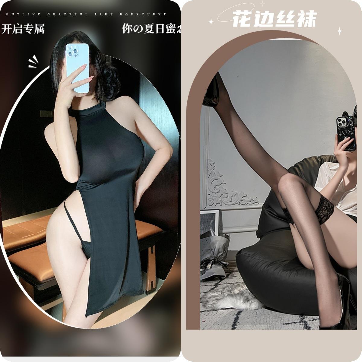 Black jumpsuit + panties + black stockings