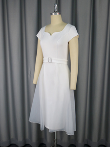 AM050323 collo quadrato manica corta Organza semplice tubino bianco abiti da sposa <span class=keywords><strong>Midi</strong></span> con cintura - Product Image 5