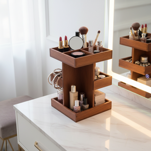 Support de rangement pour fournitures de bureau, organisateur rotatif multifonctionnel en bois - Product Image 1