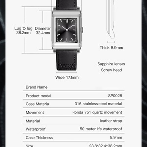 Reloj de Mujer 2025 con Caja Cuadrada Reversible, Correa de Cuero Genuino Marrón Unisex, Cristal de Zafiro, Resistente al Agua 50M, Reloj de Moda - Product Image 2
