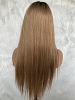 Perruques en cheveux humains vierges de qualité supérieure, avec base en silicone et dentelle complète, couleur mélange chocolat brun et blond cendré, pour femmes