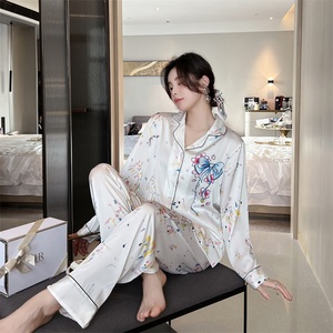 2022 nouveau Design mode femmes <span class=keywords><strong>chemise</strong></span> <span class=keywords><strong>de</strong></span> <span class=keywords><strong>nuit</strong></span> à manches longues pantalon mince soie coréen pyjamas glace soie Senior imprimer vêtements <span class=keywords><strong>de</strong></span> <span class=keywords><strong>nuit</strong></span> - Product Image 4