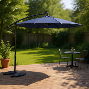 Sombrilla de Patio con Luces LED Solares de 3 Metros, Color Azul Marino, con Inclinación Giratoria y Base con Peso para Uso en Exteriores - Product Image 2