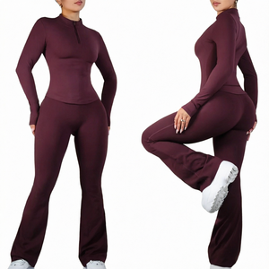 Ensemble de sport pour femme : Leggings et haut de yoga à manches longues zippé, pantalon évasé taille haute respirant - Product Image 1
