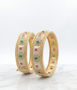 DIVYORO Premium Artisan Classic <b>Antique</b> <b>Gold</b> <b>Bangle</b> Intricate Floral Motifs Gemstone Setting Handmade 107g Ethnic Bridal Jewel - Product Image 2
