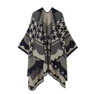 Châles en acrylique doux pour dames hiver automne classique noir et blanc motif <span class=keywords><strong>pied</strong></span> <span class=keywords><strong>de</strong></span> <span class=keywords><strong>poule</strong></span> capes pashmina ponchos pour femmes avec bordure en renard - Product Image 3