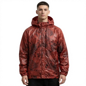 Men's <b>Red</b> Dip Dye Hooded PU <b>Windbreaker</b> Jacket Waterproof Casual Outerwear Autumn Regular Fit Zipper Closure - Product Image 2