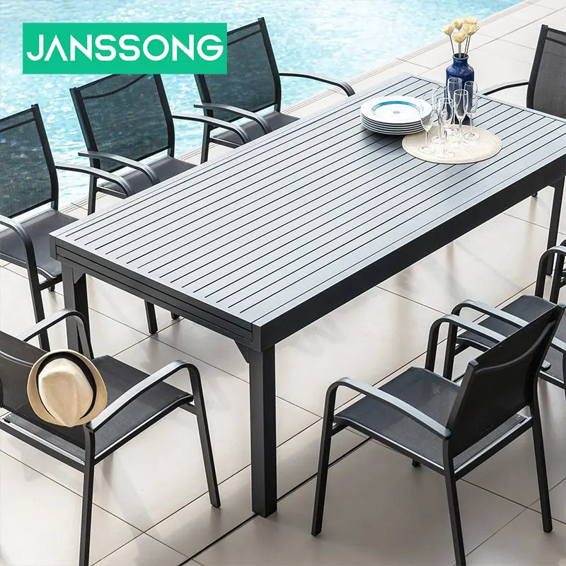 Mesa de jardim extensível Mesa de madeira ao ar livre e cadeiras Set Alumínio Frame Plastic 12 Places Dining Set Mobiliário exterior durável