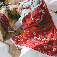 Couverture en tricot de Noël, couverture en tricot rouge avec rennes et flocons de neige, couverture de canapé-lit douce et légère pour la décoration de Noël à la maison