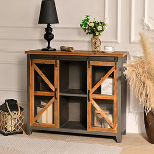 Buffet de style industriel vintage INNOVA, panneau en métal et bois, porte coulissante de grange, étagère de rangement, armoire, cuisine, salle à manger, hôtel - Product Image 3