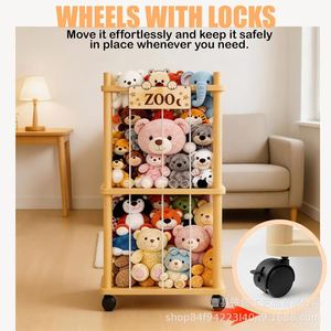 Wooden Elastic Storage Rack For Plush Toys <b>With</b> <b>Wheels</b> And <b>Locks</b> Kids Toy Organizer Rectangle Standing Type - Product Image 1