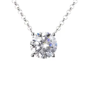 Bijoux fins plaqué rhodium 925 en argent Sterling rond brillant Moissanite diamant Simple Solitaire pendentif collier femmes