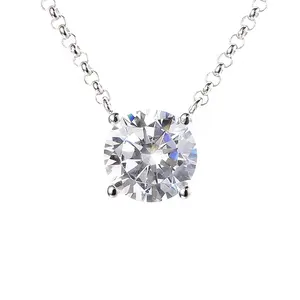 Fine Jewelry Rhodium Plated 925 Sterling silver Round Brilliant Moissanite Diamond Simple Solitaire Pendant Necklace Women