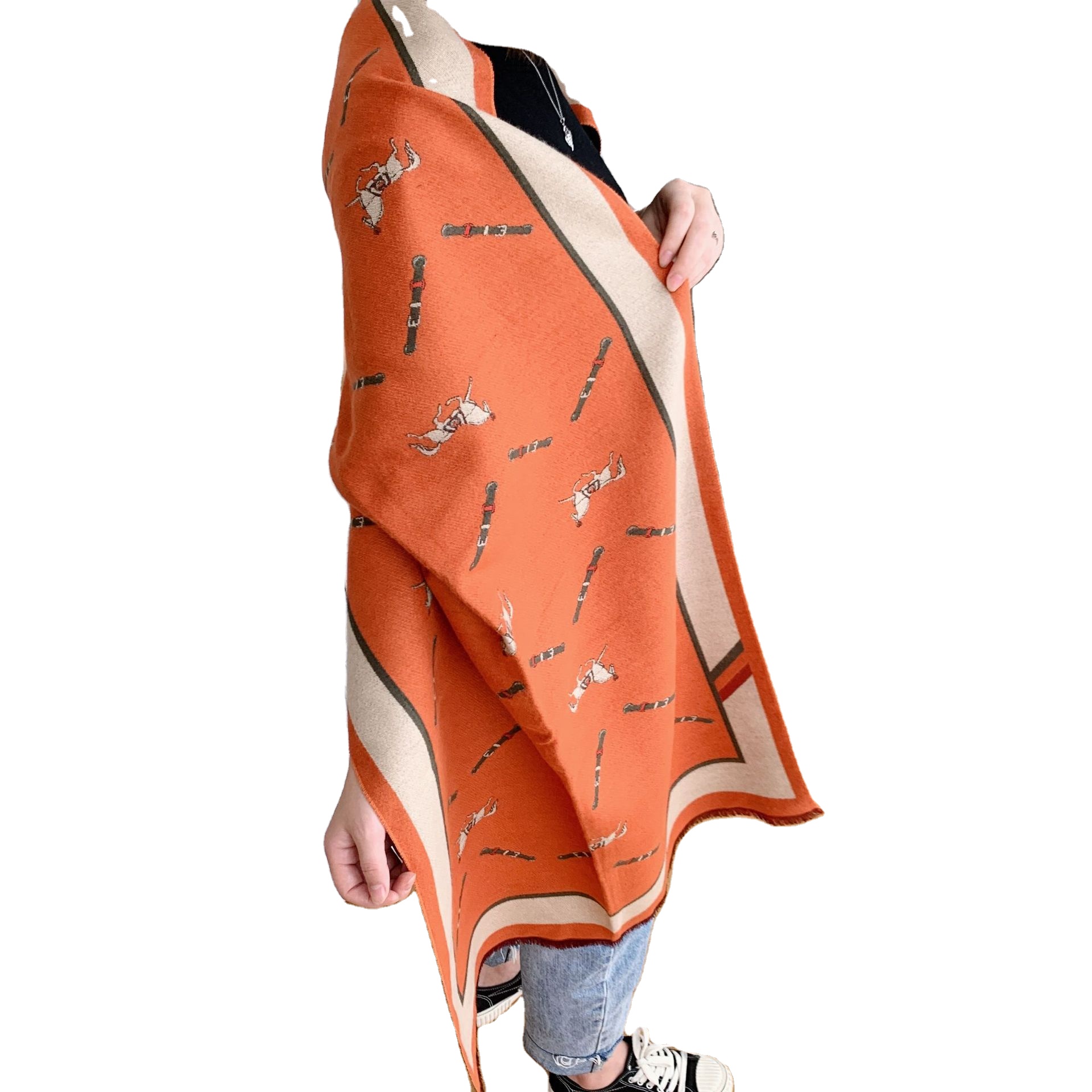 Осенне-зимний новый шарф из искусственного кашемира с начесом Женская утолщенная теплая шаль с полосатыми краями из пони с кожаной пряжкой